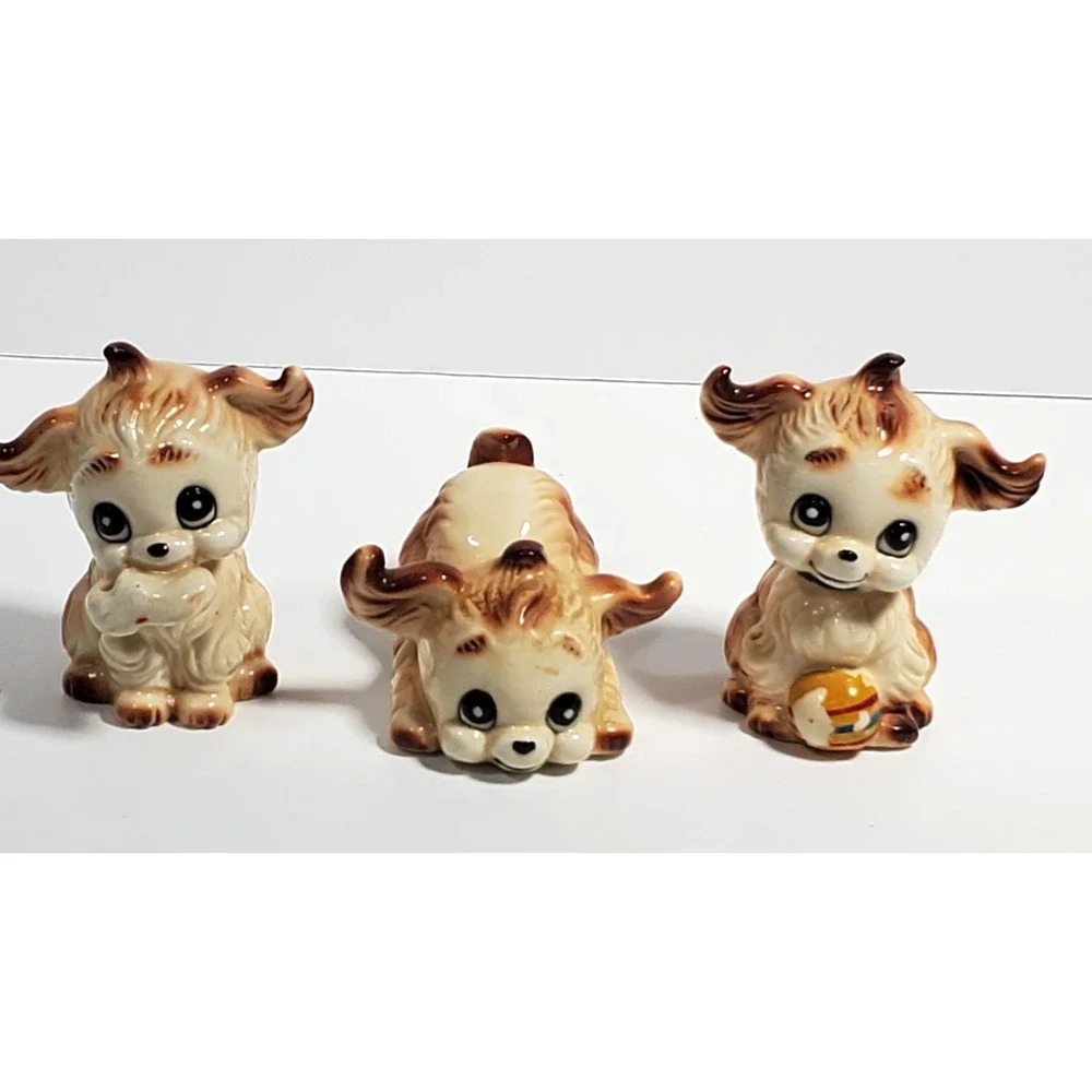 Vintage Dog Figurines Pekingese Puppies Playful Puppy Porcelain Set of 3 PLSREAD